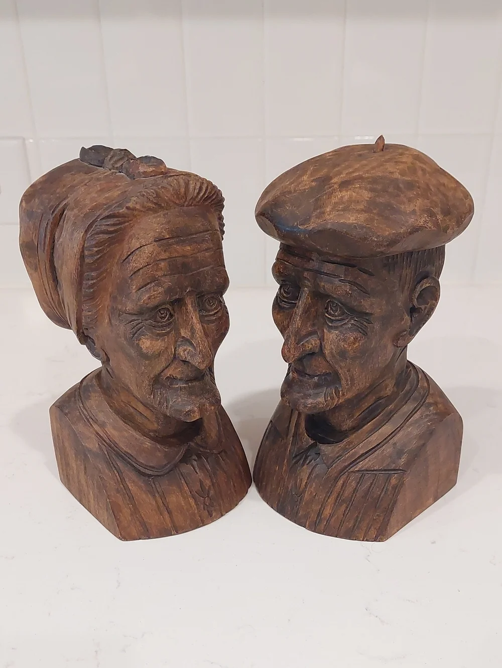 Hand Carved J. Alberdi Wooden Couple Bust Sculptures/Bookends